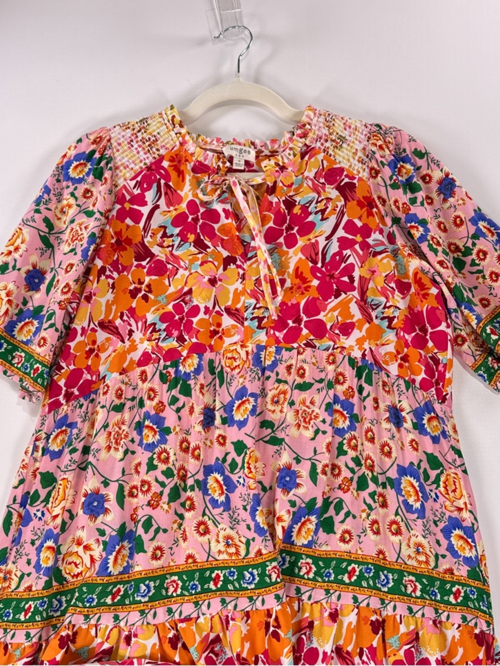Umgee Bright Mixed Floral Tiered Dress Small Pink Boho Ruffle - Picture 8 of 13